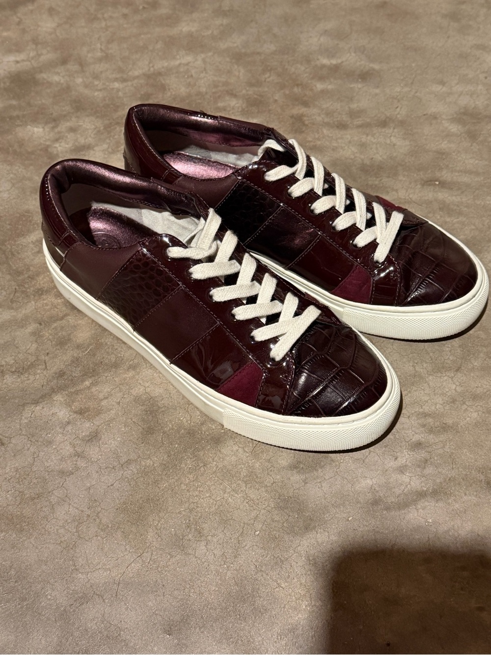 Tory Burch Burgundy Croc Embossed Leather and Patent Low Top Sneakers